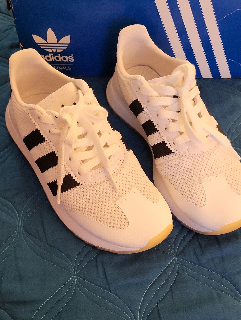 Adidas Flashback White Sneakers with Black Stripes and Gum Toe Mesh